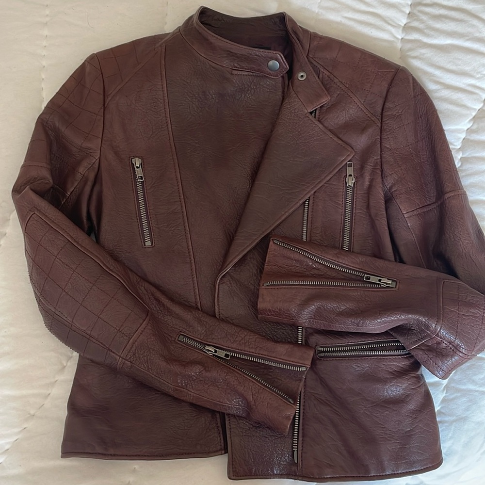 Leather theory motorcycle jacket for women
